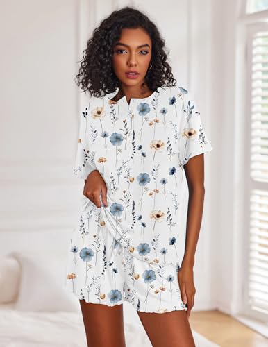 Image of Ekouaer Pajamas Set for Women Short Sleeve Lounge Set 2 Piece Loungewear PJs Soft Cute Lightweight Sleepwear