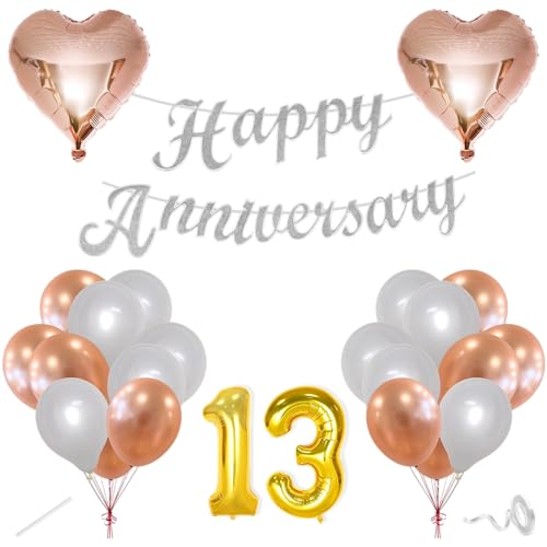 Image of Flyloons 13th Happy Anniversary Decoration Items Rose Gold White for Men Women Husband Wife Mom Dad Parent Couple Home Bedroom Car With 20 Pcs Metallic Balloons Anniversary Banner 2 Pcs Heart Set Kit