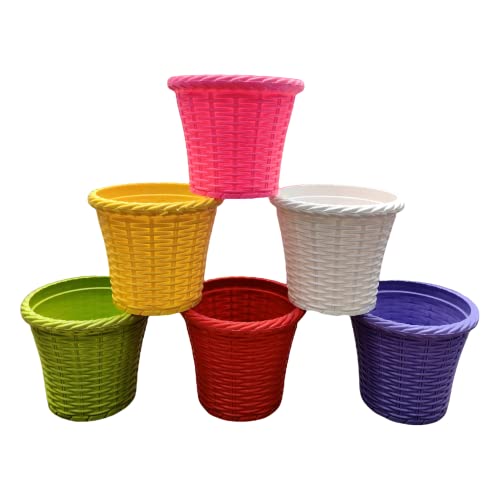 Navagraha Colourful Plastic UV Treated Plastic Plants/Flower Pots for Balcony,Garden, Terrace and Much More |Set of 6 Pot|Multicolour (6 INCHES, Multicolour, 6)