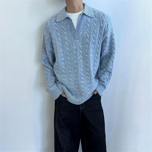 Mens Cable Plain Knit Sweater Fashion Long-Sleeve Top Lapel Casual Pullovers4