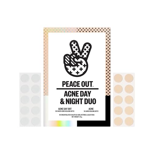 PEACE OUT Acne Day & Night Duo, Invisible Acne Patches for Day + Healing Overnight Acne Treatment, Clear Blemishes Fast with 2% Salicylic Acid, Retinol & Aloe Vera, 20 Dots