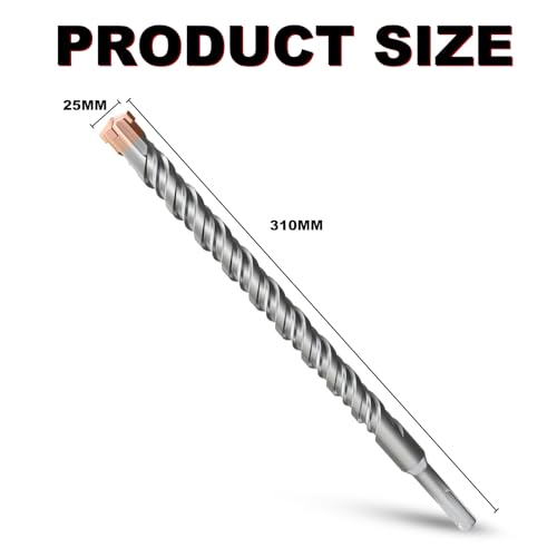 METOTY SDS Plus Hammer Drill Bit 25mm×310mm, with 4 Carbide Cutting Edges, Head with Coating, Masonry Drill, Hammer Drill - Image 2