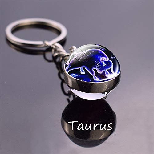 JJESC Leo Libra Scorpio 12 Constellation Keychain Glass Ball Pendant Zodiac Sign Keychain Car Key Rings Men Women Birthday Gifts (Color : Taurus)