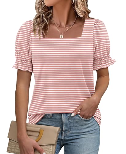 ATHMILE Womens Summer Tops Square Neck Dressy Casual Ruffle Trim Sleeve Cute T Shirts Trendy Clothes