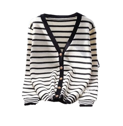 Women's Simple Striped V-Neck Single Breasted Knitted Cardigan Coat Casual Loose Long Sleeve Top