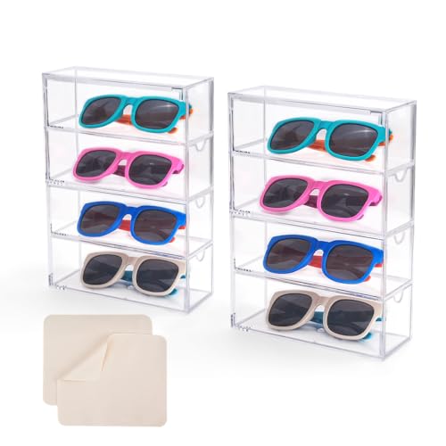 Image of 2PC Acrylic Sunglass Organizer with 2PC Glasses Cleaning Cloth, Clear Glasses Holder, Eyeglass Eyewear Display Case 4 Drawer Tray for Women Men Glasses Jewelry Watch Make-up Storage