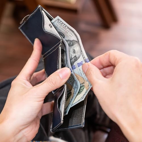 Image of Minimalist Front Pocket Trifold Wallet for Men Women, Genuine Leather RFID Blocking Credit Card Holder, Slim Compact EDC Cash Billfold with Stainless Steel Locking Money Clip(Dark Blue)