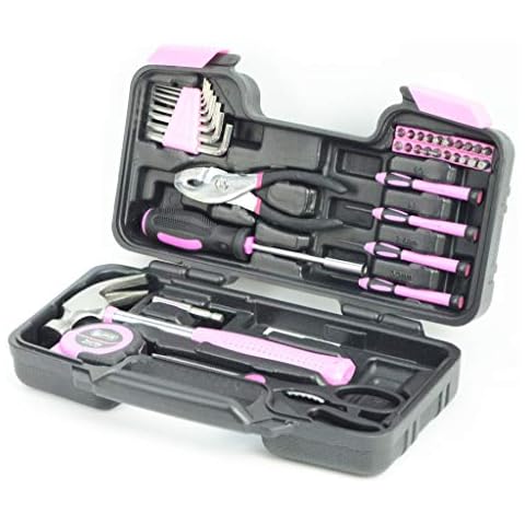 Hyfive Ladies Pink Tool Kit Tool Kit DIY Set with Pink Hammer, Pink Pliers, Pink Screwdrivers in Pink Carry Case 38pcs Cover