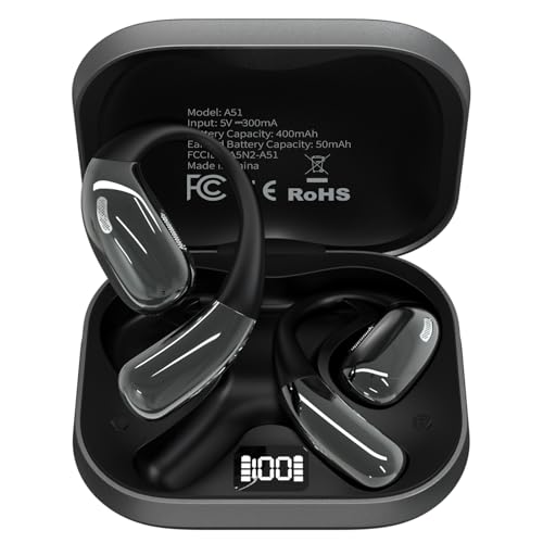 Open Ear Headphones, Wireless Headphones with Smart Digital Display & Mic, Open Ear Earbuds 35H Playtime, Sweat Resistant & Waterproof, Secure Comfortable Fit - Running, Sport, Driving, Daily (Black)