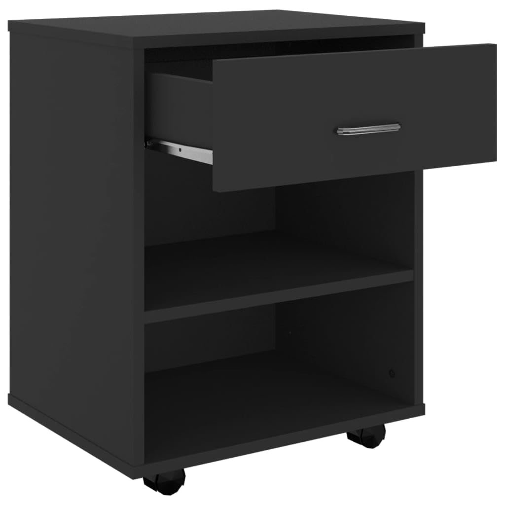 Cassettiera nera 46 x 36 x 59 cm, mobile per stampante in legno, armadio flessibile con 4 ruote, per casa e ufficio