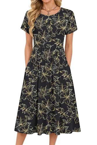 MOLERANI Robe D'été pour Femme Décontractée Col Rond Imprimée Mi Longue Robe Pétale Manches Courtes Chic et Elegant Robes Feuille d'or Noir S