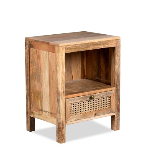 Image of Wooden Bedside Table for Bedroom with Drawers | Solid Wood Safor Rattan Bed Side Table with Drawers | Side Table for Living Room | Traditional Chest of Drawer for Home (Natural)