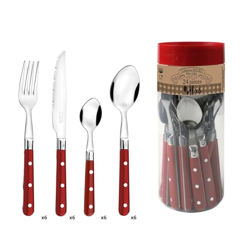 PRADEL ESSENTIEL - Bistro-Club Tafelbesteck 24-teilig für 6 Personen – Edelstahl 18/0, Standard-Finish – Rot