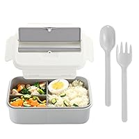 Bento Lunch Boxes, Leakproof Bento Boxes for Kids Adults, Food Boxes with 3 Compartments/Fork Spoon and Chopsticks, BPA Free, Microwave and Dishwasher Safe Meal Prep Containers ( Grey-White)