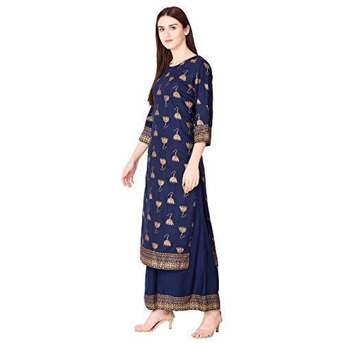 ORTANGE Womens Rayon Printed Kurta with Palazzo Set (Blue, Small)