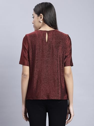 Image of SAFFE Women's Casual Party Top Textured Shimmer Half Sleeve Round Neck Body Fit Wine