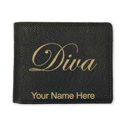 LaserGram Faux Leather Bi-Fold Wallet, Diva, Personalized Engraving Included (Black with Gold)