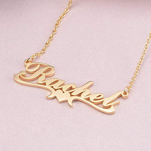 Lonago 14K Solid Gold Name Necklace Personalized Angel Wing Name Plate Necklace Real Gold Custom Name Pendant Necklace Gift For Women Girls (Yellow Gold Color) #TOP3