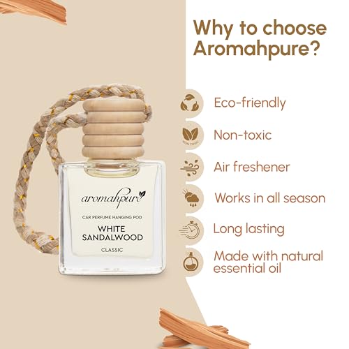 Aromahpure Premium Car Perfume Hanging Pod |10 ML |Sandalwood Fragrance Car Air Freshener |Natural Fragrance Oils in Glass Bottle with Wooden Diffuser Lid |Last upto 30 Days, IFRA certified