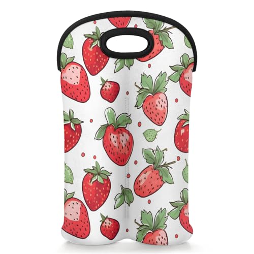 GzLeyigou 2 Bottles Strawberry Wine Bag Sleeve Totes Neoprene Protective Wine Carrier Bag for Wine,Water, Champagne, Beer, Baby Bottles,Gift 14.5 x 10 Inches