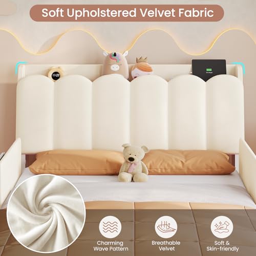 Image of DICTAC Full Size LED Bed Frame with Storage Drawer and Safety Guardrails, Velvet Upholstered Platform Bed for Kids with Chic Wavy Storage Headboard, Charging Station, Heavy Duty Metal Support, Beige