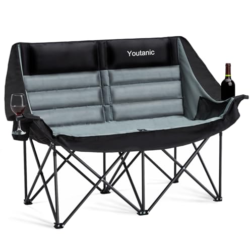 Youtanic Oversized Camping Chair, Double Folding Loveseat Camping Couch with Pocket, Cup Holder and...