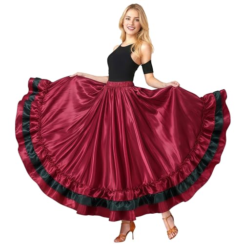 Baisdan Dance Skirt for Women Flamenco & Belly Dance Skirt Long Satin Spanish Folk Costume Halloween Costume Dark Red with Black