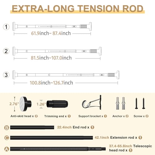 Image of Black Tension Curtain Rod 41-126 In(4-10Ft), Extra Long Outdoor Curtain Rod No Drilling for Window or Bathroom Patio, Adjustable Heavy Duty Shower Rod,Rod Diameter 1.26In (2Pack)