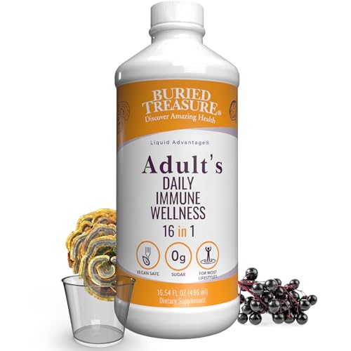 Buried Treasure Adult Daily Immune Wellness, 16oz with Dose Cup, Elderberry Echinacea VIT-C Zinc, Mushroom Blend, Natural Immune Booster