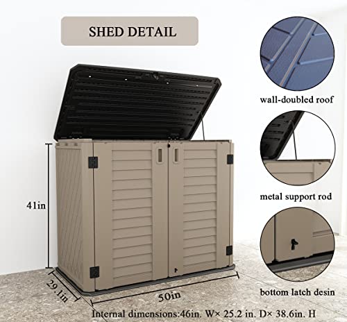 Image of KINYING Outdoor Storage Shed - Horizontal Storage Box Waterproof for Garden, Patios, Backyards, Multi-Opening Door for Easy Storage of Garbage Cans, Tools, Lawn Mower, 26 Cubic Feet,Brown