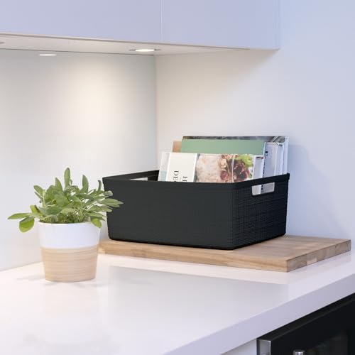 Curver Set of 6 Medium 12L Jute Decorative Plastic Organization and Storage Baskets - Perfect Bins for Home Office, Closet Shelves, Kitchen Pantry and All Bedroom Essentials, Black