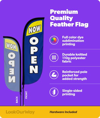 Image of LookOurWay Feather Flag Pole Kit - 7 Feet Tall Advertising Banner with Fiberglass Pole Set and Ground Spike for Business Promotion - Open Flags - Now Open Blue & Yellow