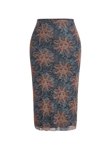 WDIRARA Women's Plus Size Boho Sun Graphic Bodycon Skirt Elastic Waist Long Skirts