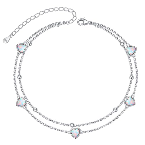 Image of Flyow Anklet for Women S925 Sterling Silver Adjustable Foot Beaded Heart Charm Ankle Bracelet Anklets Jewelry