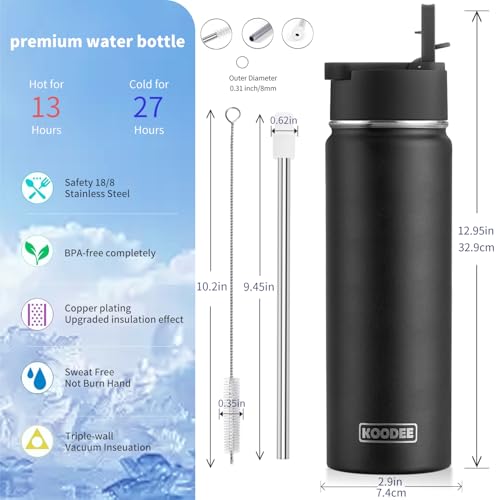Image of koodee 22 oz Water Bottle with Straw Lid Stainless Steel Vacuum Insulated Sports Water Bottle for School, Reusable Metal Water Bottle Flask for Boy (Black)