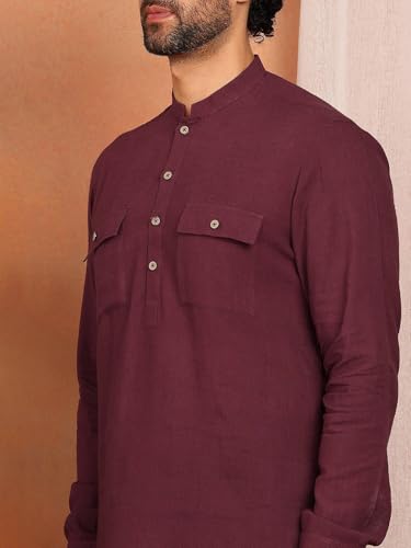 Image of See Designs Men's Full Sleeve Mandarin Collar Linen Solid Pathani Set