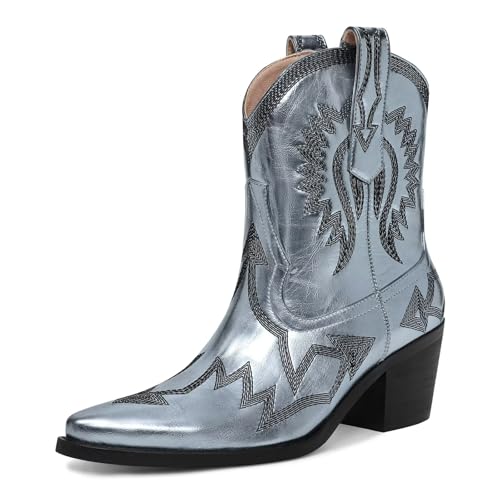 Western Boots for Women Metallic Embroidered Pointed Toe Cowgirl Boots Chunky Heel Pull-On Short Cowboy Boots Wide Calf Country Ankle Boots