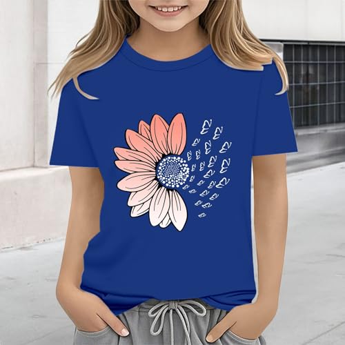Girls Loose Fit Sunflower Graphic T Shirts Short Sleeve Crewneck Cute Pattern Printed Tops Kids (B-Blue, 6-7 Years)4