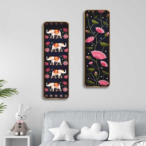 Image of Livin'luxe Lotus & Elephant Set of 2 Vertical MDF Wall Panels | Premium Sparkle Lamination Finish | Artistic Floral & Animal Print Wall Decor for Living Room & Bedroom 20 Inch x 30 Inch
