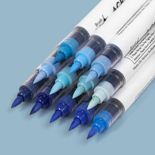 Image of Blue Tones Acrylic Paint Pens, 12 Colors Markers Set with Soft Brush & Bullet Tip, for Rock, Painting, Wood, Glass, Ceramic, Canvas, Stone, DIY Crafts, Making Art Supplies, Fabric Paint