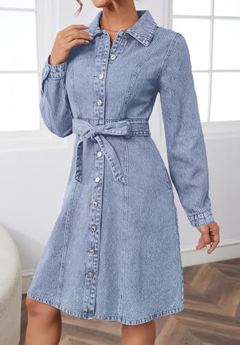 Image of Denim Dress for Women Button Down Casual Long Sleeve A-Line Belted Midi Jean Dresses with Pockets