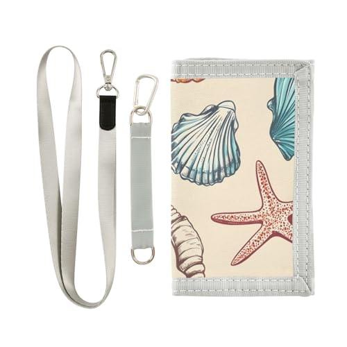 Shell Pattern Durable Nylon Fabric Wallet for Boys and Girls - Multi-Functional with 2 Clear Pockets, Zipper Coin Compartment, 3 Card Slots & Keyring