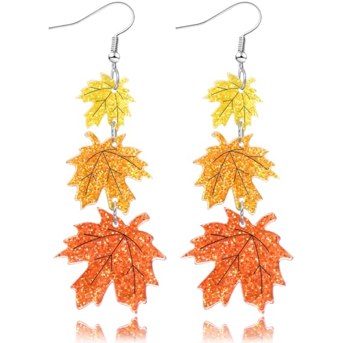 Thanksgiving Earrings Fall Turkey Maple Leaf Earrings for Women Lightweight Acrylic Glitter Autumn Holiday Leaf Jewelry Thanksgiving Fall Gifts