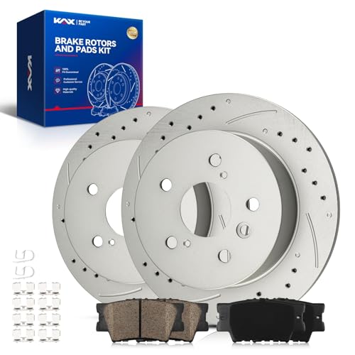 Image of KAX Rear Brake Kit, Drilled and Slotted Brake Rotors, Ceramic Brake Pads | Fits Toyota Camry 2007-2011, Lexus ES350 2007-2012, Toyota Avalon 2008-2012, Automotive Replacement Brake Kit