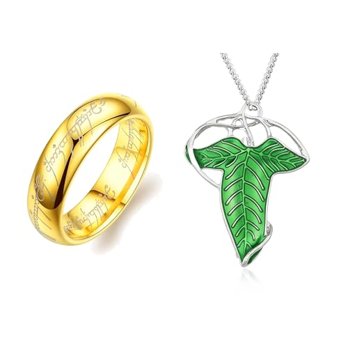 Gold Stainless Steel Ring Green Tree Leaf Necklace Sets for Men (gold 7)