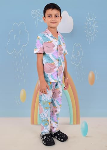 Image of 3BROS Unisex Pure Cotton Short Sleeve Kids Night Dress for Boys & Girls Nightwear /Sleepsuit /Sleepwear /Loungewear Night Suit for Boys and Girls Top and Pyjama Combo Set | JB20HS6031-Parent