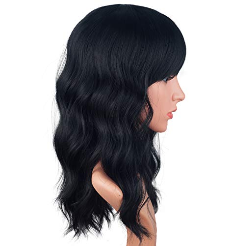 Symeiw Medium Long Black Wavy Wigs For Women Synthetic Full Hair Natural Black Wigs With Side Bangs For Daily Use 16 Inches (Natural Black(1#)) #TOP3