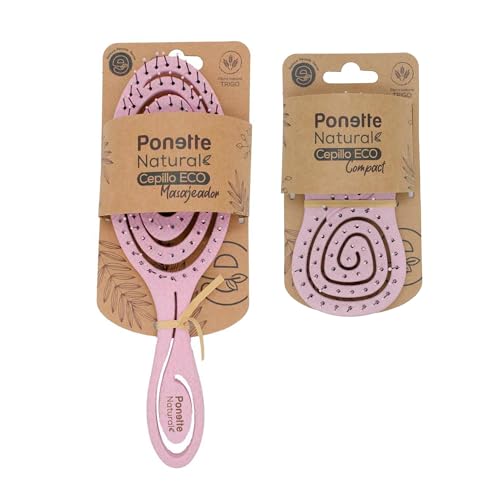 PONETTE NATURAL - Pack Cepillos de Pelo ECO Masajeador Ecológico Desenredante Antitirones y Cepillo de Viaje en color Rosa, Fabricado con Fibra Natural de Trigo, 100% Reciclable, Marca Española