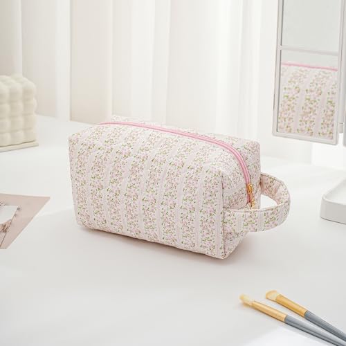 Makeup Bag Travel Cosmetic Bag for Women, Zipper Make Up Pouch, Floral Flowers Toiletry Organizer Makeup with Handle, Cosmetic Travel Cloth Bag (Pink Floral)2