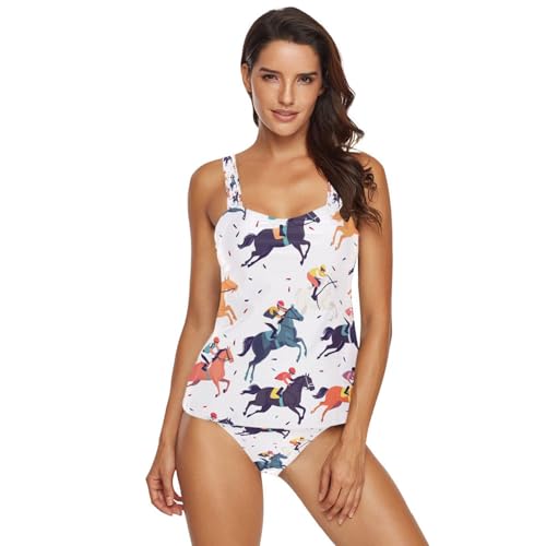Horse Race Bikini Set for Women, Two Piece Tummy Tankini Adjustable Spaghetti Straps Bathing Suit